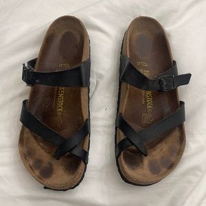 Birkenstock Sandals Womens 39  Mayari Slip On Toe Ring Strappy Black Lea…